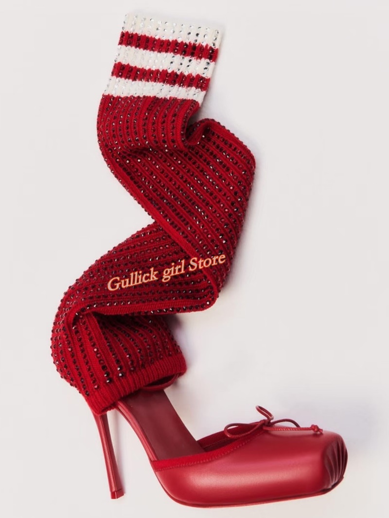 Red Knit Square Toe Boots Cut  - Knee High Sock Women review and price